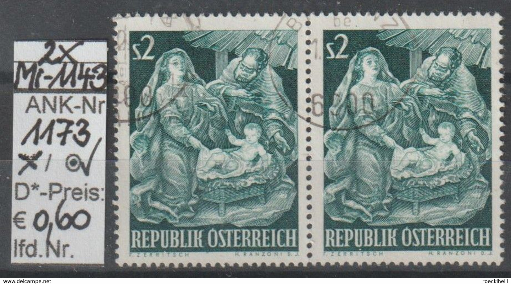 1963  - ÖSTERREICH - SM "Weihnacht" 2 S Blaugrün - 2x O  Gestempelt - S. Scan (1173o X2   At) - Used Stamps