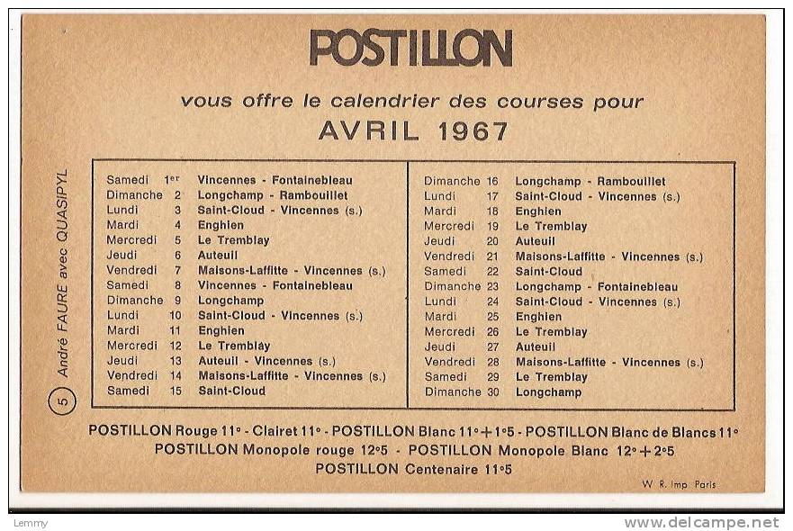 SPORT : HIPPISME-TROT ATTELE-A. FAURE Et QUASIPYL-PUBLICITE VINS  POSTILLON- Recto CALENDRIER COURSES AVRIL 1967 - Ippica