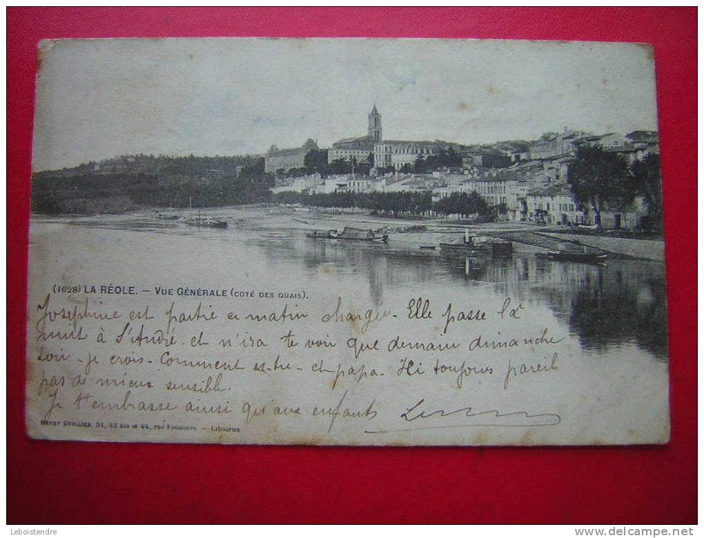 CPA CARTE PRECURSEUR / DOS SIMPLE -33-GIRONDE-LA REOLE VUE GENERALE-COTE DES QUAIS-VOYAGEE 1903-4 PHOTOS RECTO /VERSO - La Réole