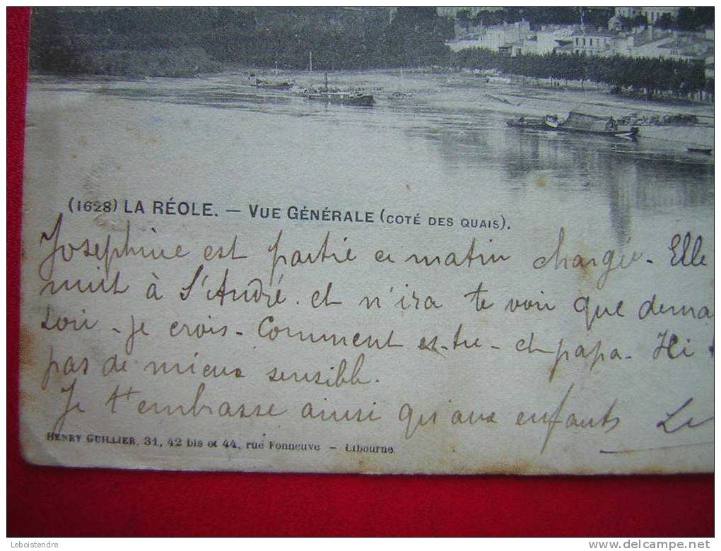 CPA CARTE PRECURSEUR / DOS SIMPLE -33-GIRONDE-LA REOLE VUE GENERALE-COTE DES QUAIS-VOYAGEE 1903-4 PHOTOS RECTO /VERSO - La Réole