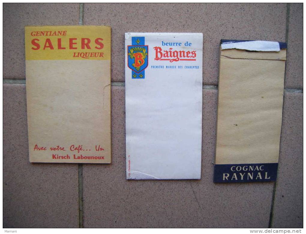 Lot De 3 Carnets Pub .- Gentiane Salers Liqueur-cognac Raynal--beurre De Baignes -(incomplet)- - Alcools