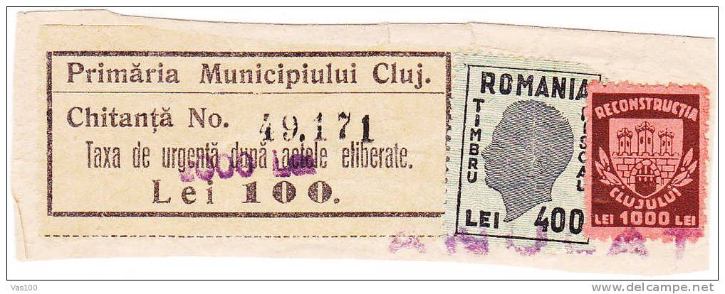 ROMANIA Fragment 1938 VERY RARE LOCAL POST TAX 100 LEI  CLUJ + 2 REVENUE Stamp - Fiscaux