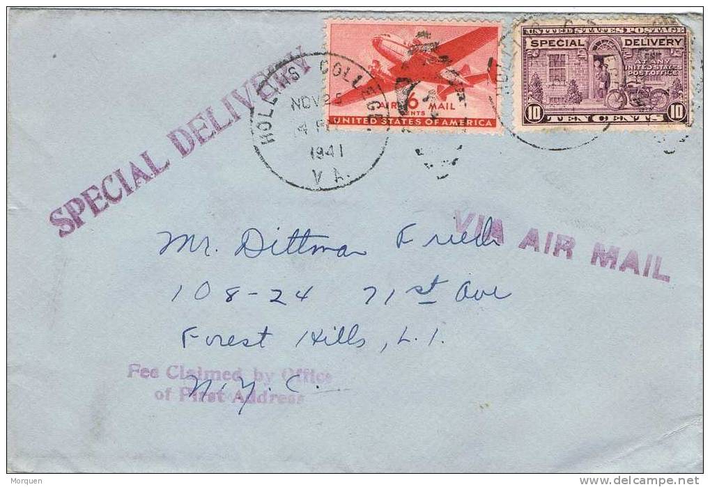 1290. Carta Aerea Special Delivery HOLLINS COLLEGE (Virginia) 1941 - Briefe U. Dokumente