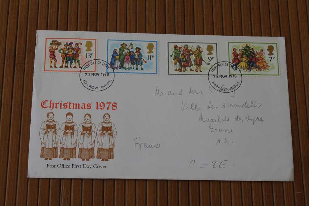 FDC FIRST DAY COVER HARROW MIDDX. PREMIER JOUR EMISSION ROYAUME UNI  CHRISTMAS 1978  POUR GRASSE 06 FRANCE - 1971-1980 Em. Décimales