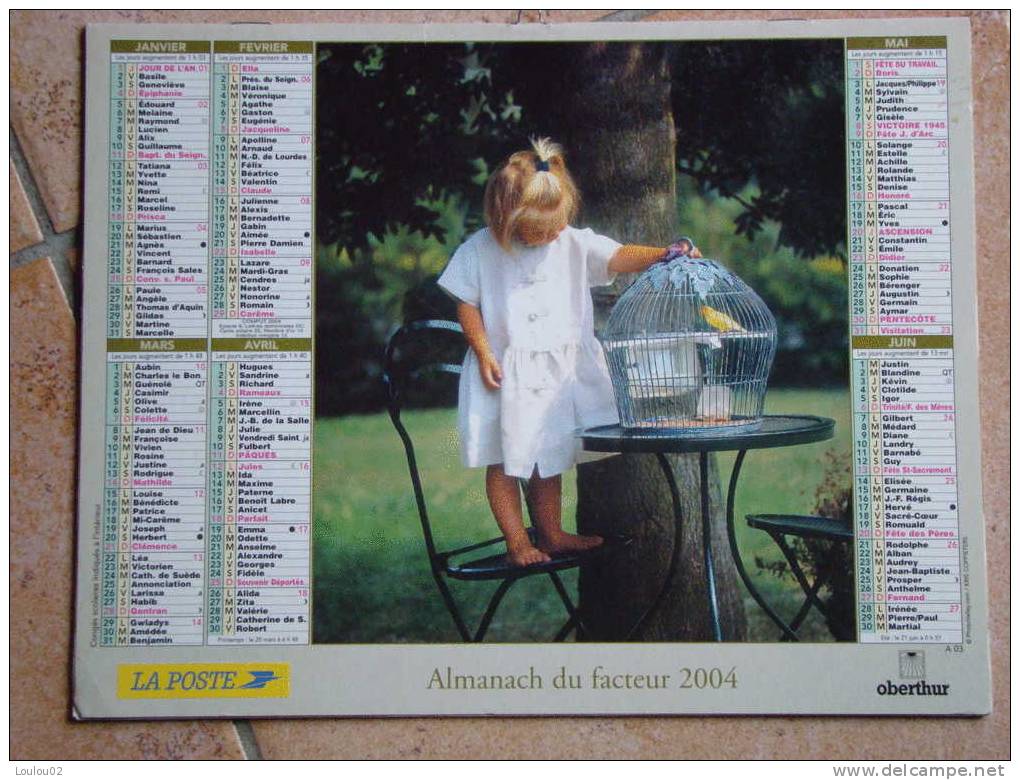 Calendrier ALMANACH Du Facteur PTT - 2004 - Enfants & Animaux - OBERTHUR - Aisne 02 - Très Bon état - Grand Format : 2001-...