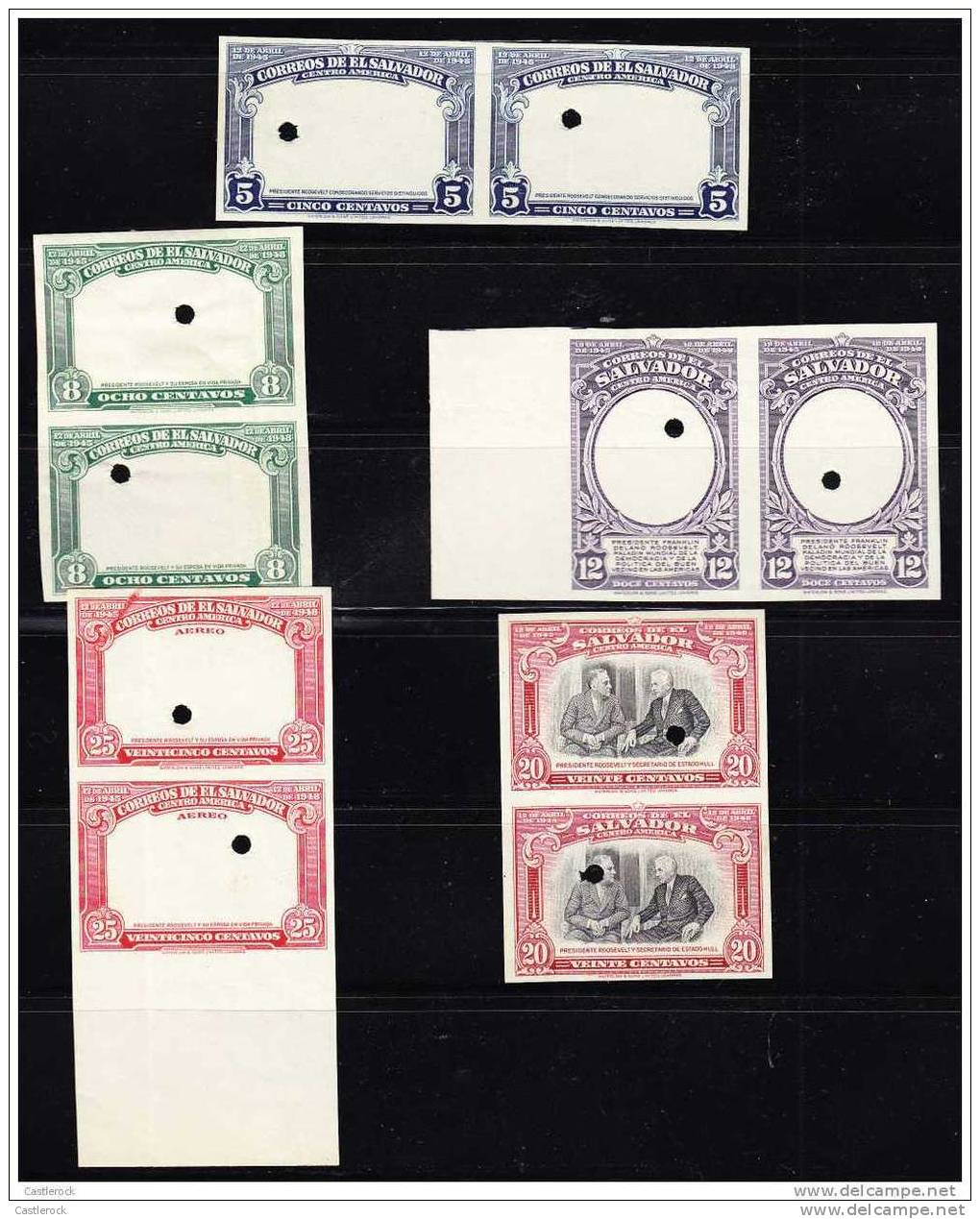 M)EL SALVADOR, 1948, IMPERFORATE PAIR PUNCH PROOFS WATERLOW AND SONS, OMITTED IN SOME OF THEM THE CENTER, US PRESIDENT R - Salvador