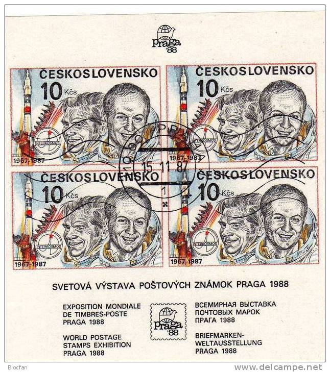 E-Karte PRAGA 1988 1.Kosmonauten-Block CSSR Bl.73 O 15€ Gubarow/Remek Bloque Hb M/s Space Sheet Bf Tschechoslowakei CSR - Usados