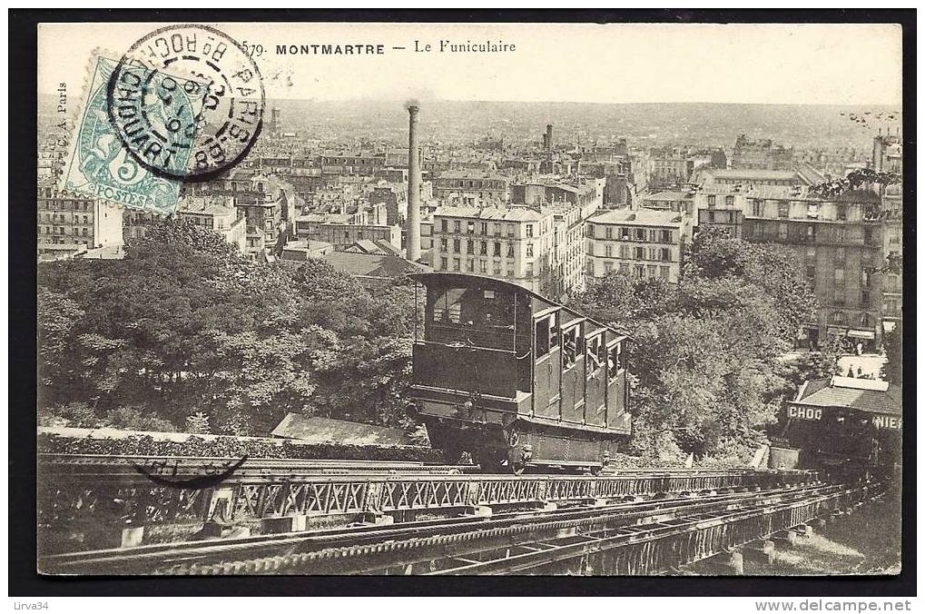 CPA  ANCIENNE- FRANCE- THEME : FUNICULAIRES- PARIS (75) MONTMARTRE- GROS PLAN- VUE SUR PARIS- USINE - Kabelbanen