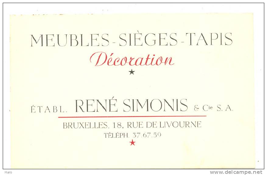 BRUXELLES - Carte De Visite Ets René Simonis - Meubles, Sièges Et Tapis (k) - Visiting Cards