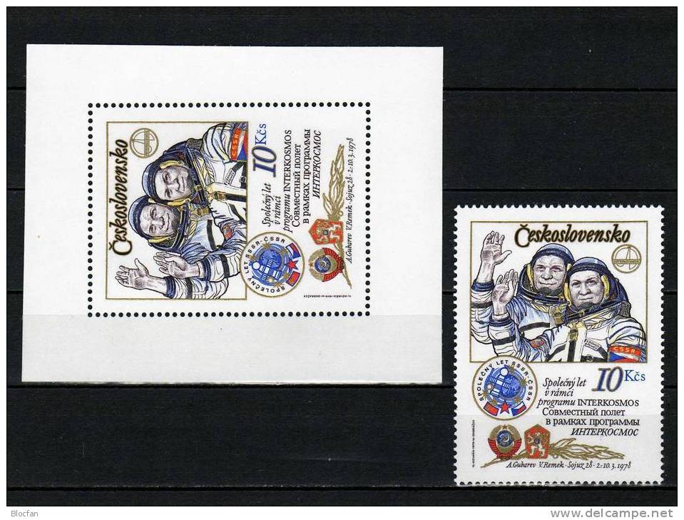 Interkosmos Kosmonauten - Flug Mit Abart CSSR 2493 II + Bl. 39 II ** 28€ Porträt Von A. Gubarow Und V. Remek - Abarten Und Kuriositäten