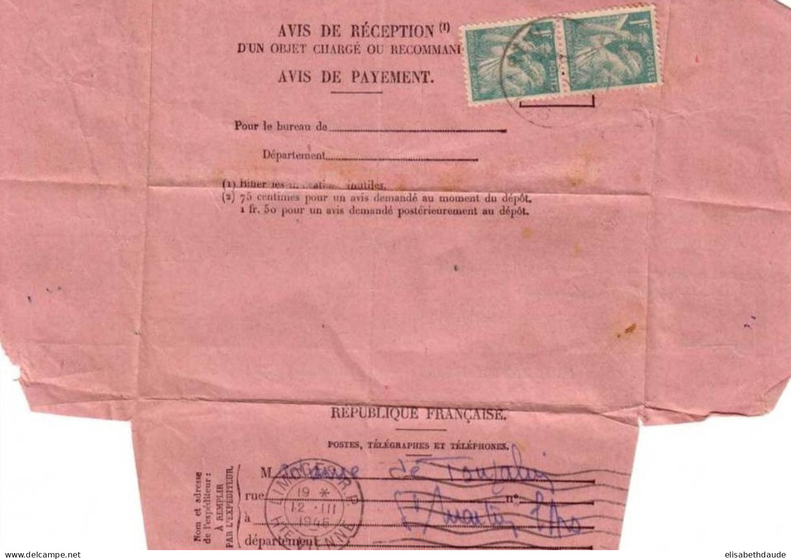 1945 - IRIS Sur LETTRE AVIS De RECEPTION - ST MARTIN LARS (Vienne) - 1939-44 Iris