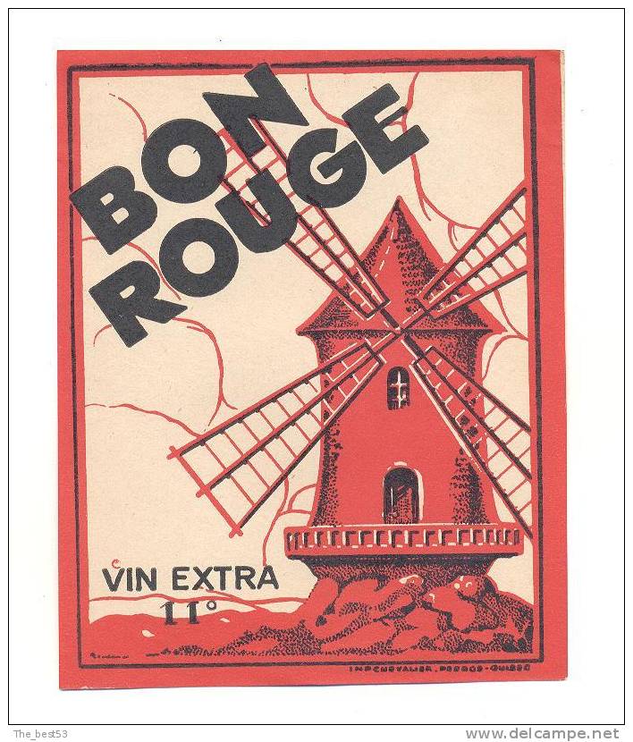 Etiquette  De Vin De Table Extra  -   Bon Rouge  -  Moulin à Vent  - Années 40 - Windmills