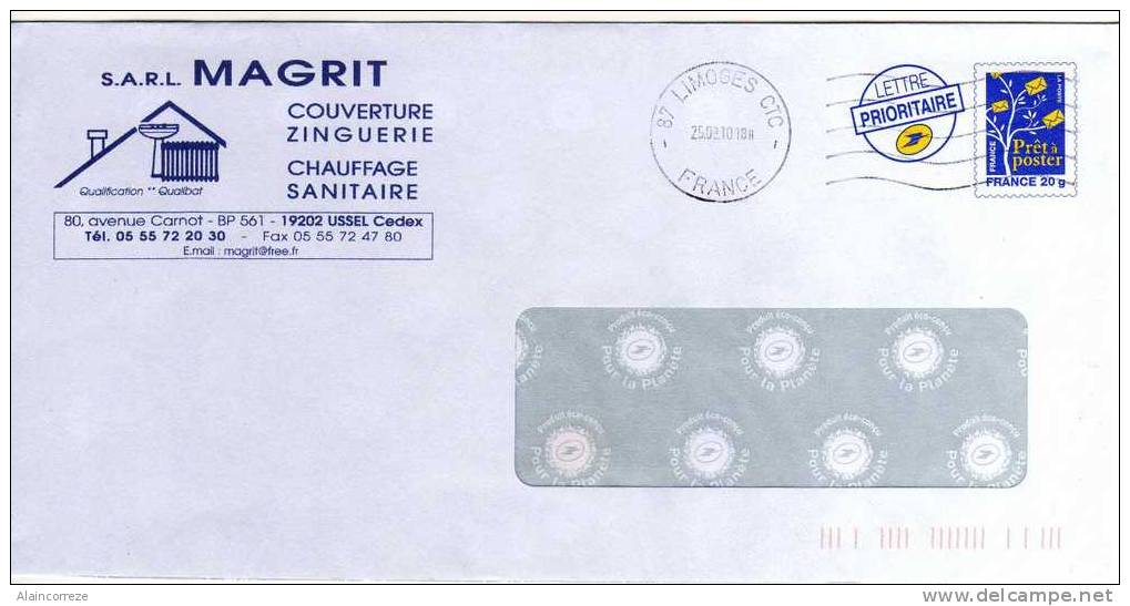 Entier Postal Repiqué Corrèze Ussel Couverture Zinguerie Chauffage Sanitaire Lavabo Radiateur Toit Maison Cheminée - Listos A Ser Enviados : Réplicas Privadas