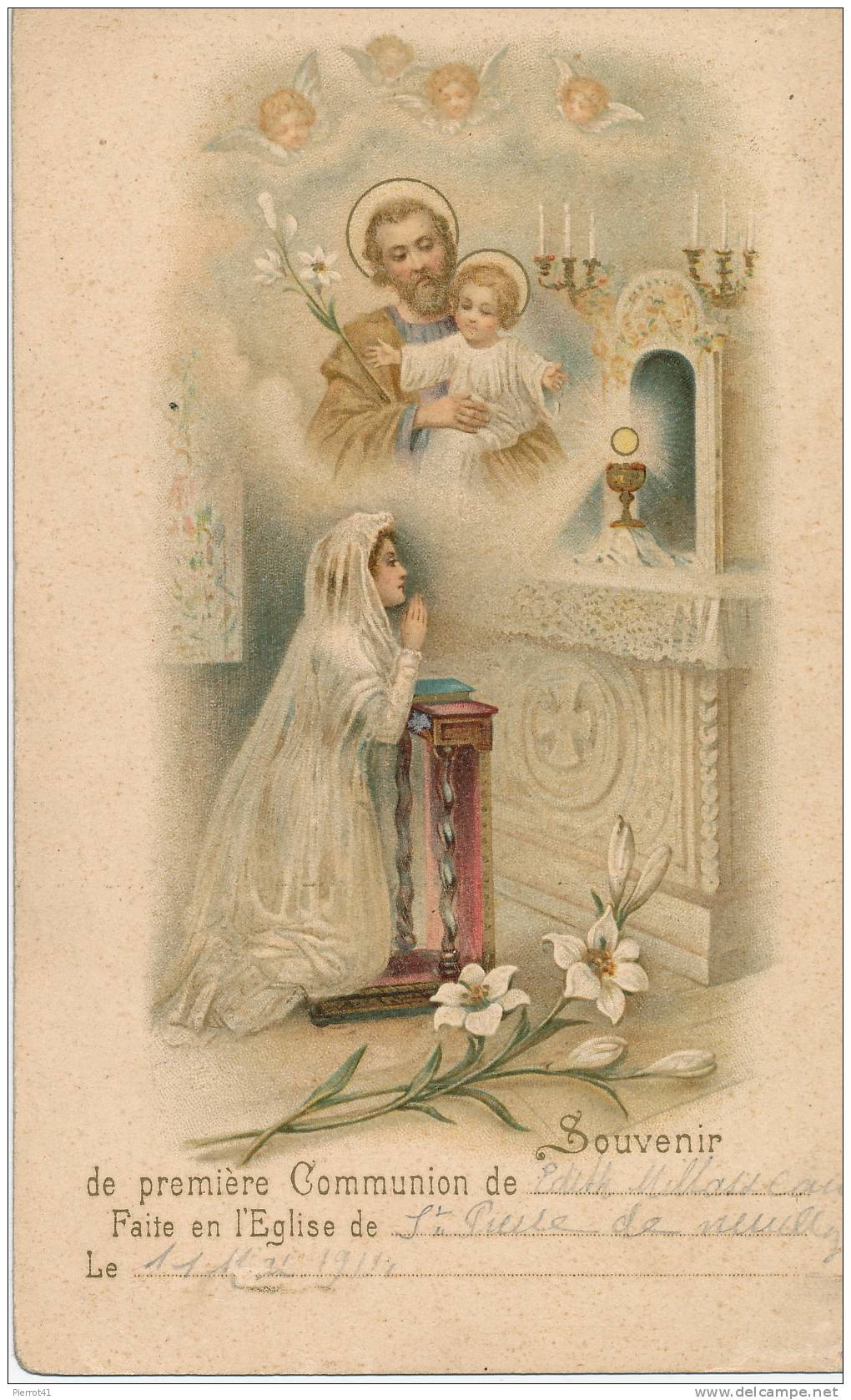 Jolie Carte Souvenir De Première Communion Ayant Voyagé En 1911 (écrite à PARTHENAY) - Comunioni