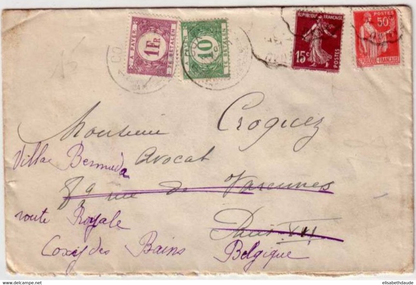 1937 - Lettre Pour Paris - Suivi D'adresse En Belgique Et Taxée 1F10c - - Briefe U. Dokumente