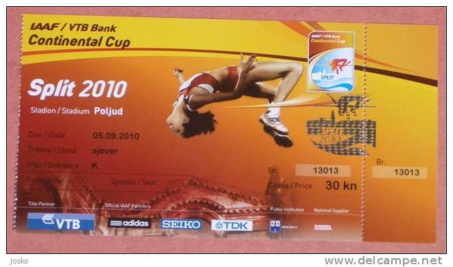 ATHLETICS - CONTINENTAL CUP 2010. Split Croatia ( Unused Ticket ) Athletisme Atletismo Atletica IAAF VTB BANK ADIDAS TDK - Tickets - Vouchers