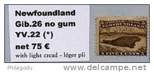 Newfoundland  Phoque  StGib 26 Non Gum And Small Crease  Yv.22 Sans Colle - 1865-1902