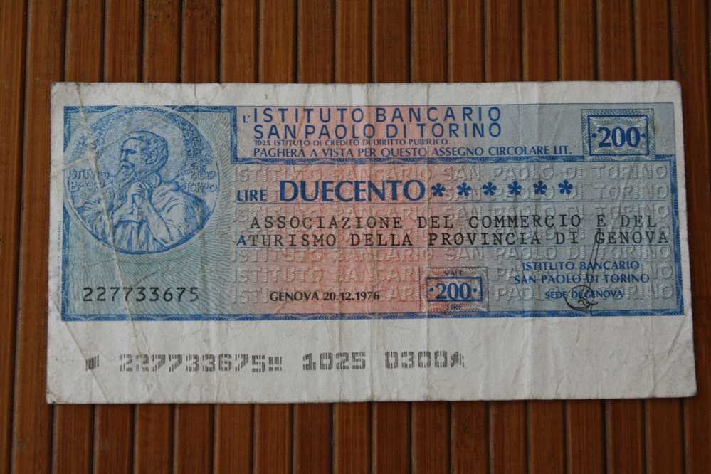 Billet De Banque -- Bank - Banco De ITALIA  200 LIRES ISTITUTO BANCARIO SAN PAOLO DI TORINO  1976 - Sonstige & Ohne Zuordnung