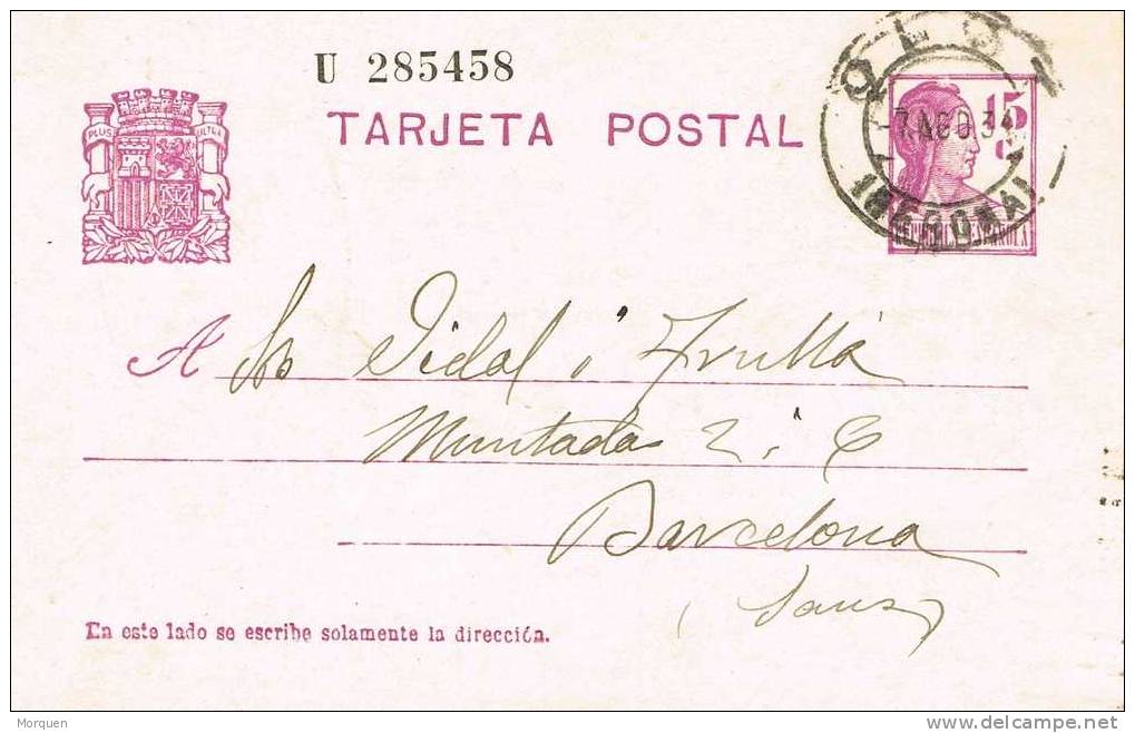 Entero Postal OLOT (Gerona) 1934. Republica - 1931-....