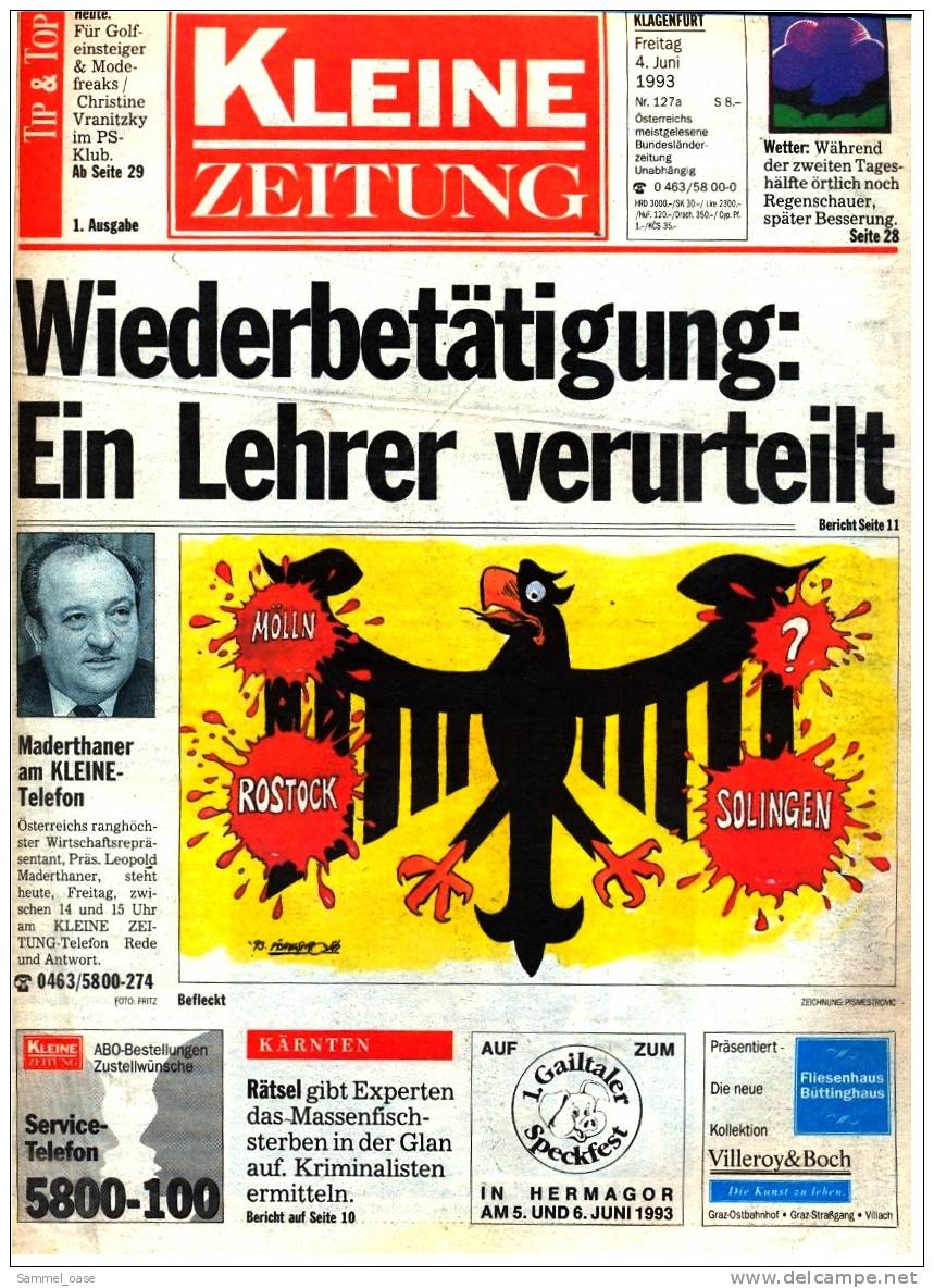 KLEINE  ZEITUNG Kärnten Klagenfurt 4.6.1993  -  TV, Fussball , Kultur , Politik Und Interessante Berichte - Sonstige & Ohne Zuordnung