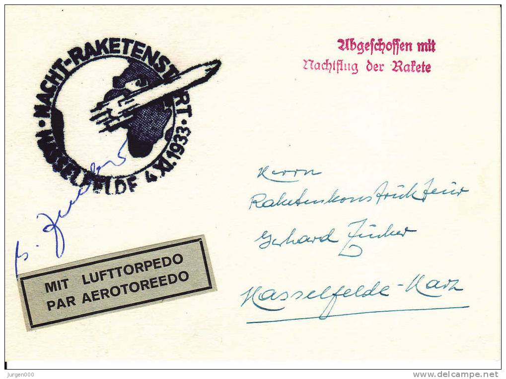 Rocketmail - Raketpost, Nacht Raketenstart Hasselfelde 1933, Zucker (X12726) - Altri (Aria)