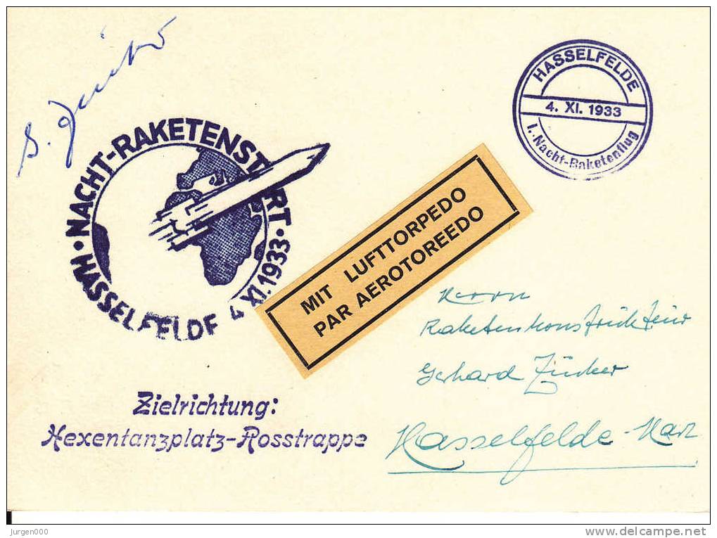 Rocketmail - Raketpost, Nacht Raketenstart Hasselfelde 1933, Zucker, Hexentanzplatz Rosstrappe (X12730) - Sonstige (Luft)