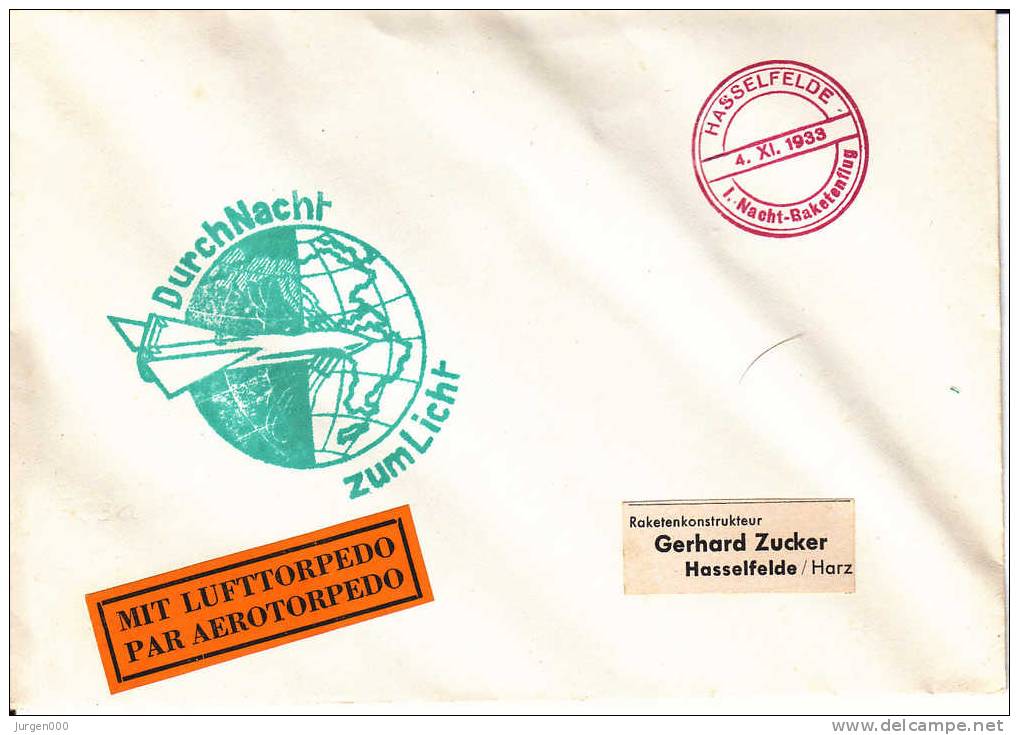 Rocketmail - Raketpost, Nacht Raketenstart Hasselfelde 1933 (X12731) - Sonstige (Luft)