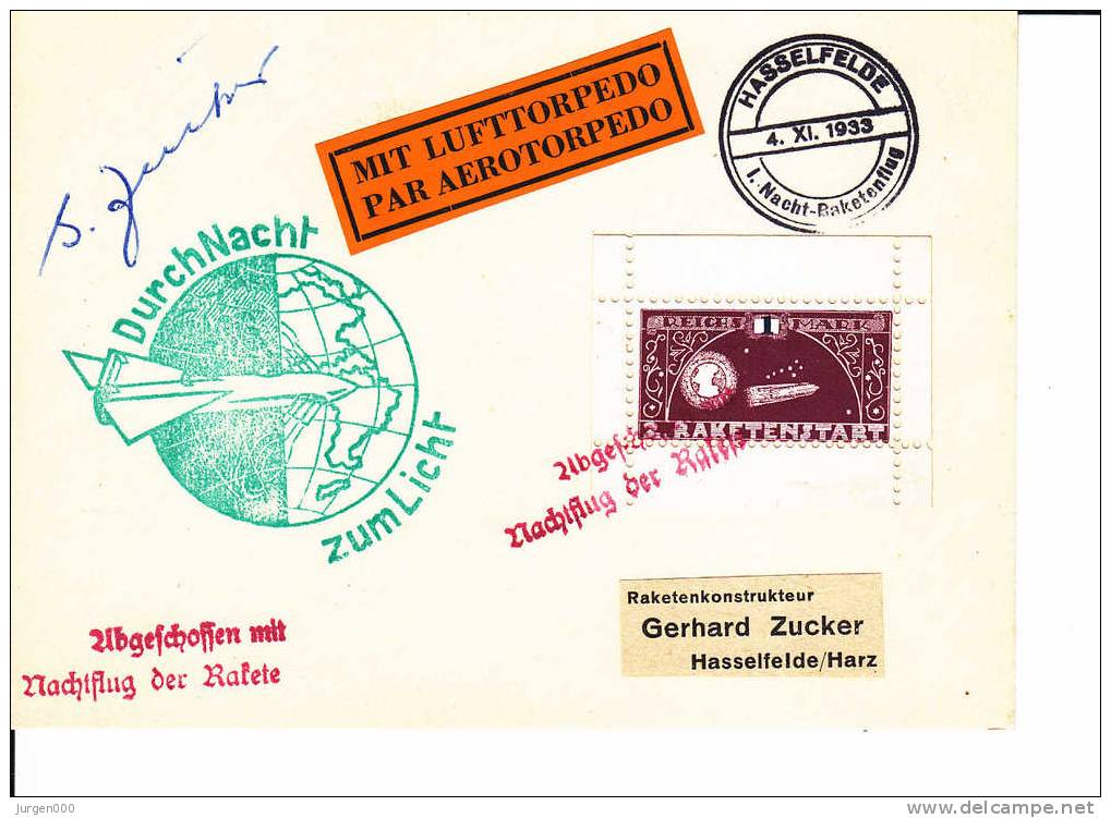 Rocketmail - Raketpost, Nacht Raketenstart Hasselfelde 1933, Zucker (X12795) - Altri (Aria)