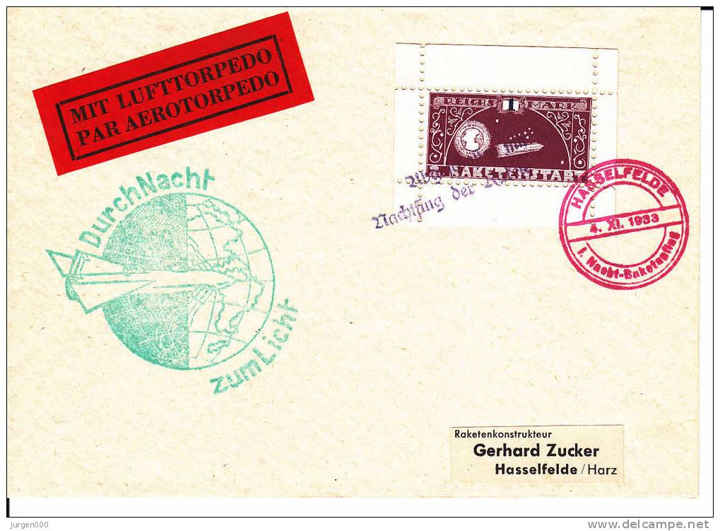 Rocketmail - Raketpost, Nacht Raketenstart Hasselfelde 1933 (X12802) - Sonstige (Luft)