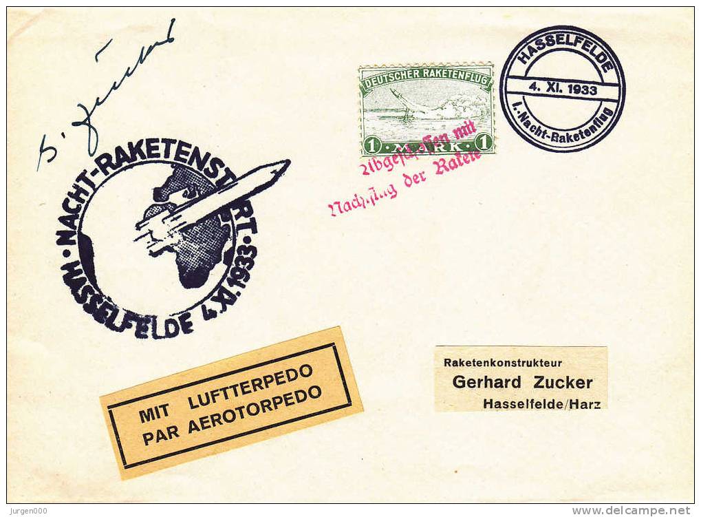 Rocketmail - Raketpost, Nacht Raketenstart Hasselfelde 1933, Zucker (X12807) - Sonstige (Luft)