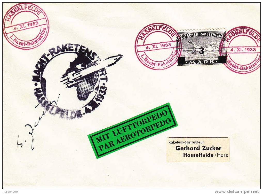 Rocketmail - Raketpost, Nacht Raketenstart Hasselfelde 1933, Zucker (X12809) - Sonstige (Luft)