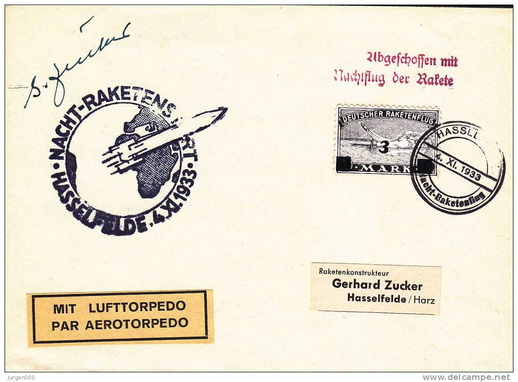 Rocketmail - Raketpost, Nacht Raketenstart Hasselfelde 1933, Zucker (X12816) - Altri (Aria)