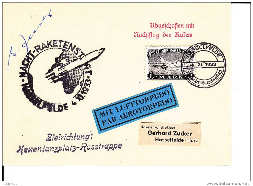 Rocketmail - Raketpost, Nacht Raketenstart Hasselfelde 1933, Zucker, Hexentanzplatz Rosstrappe (X12818) - Sonstige (Luft)