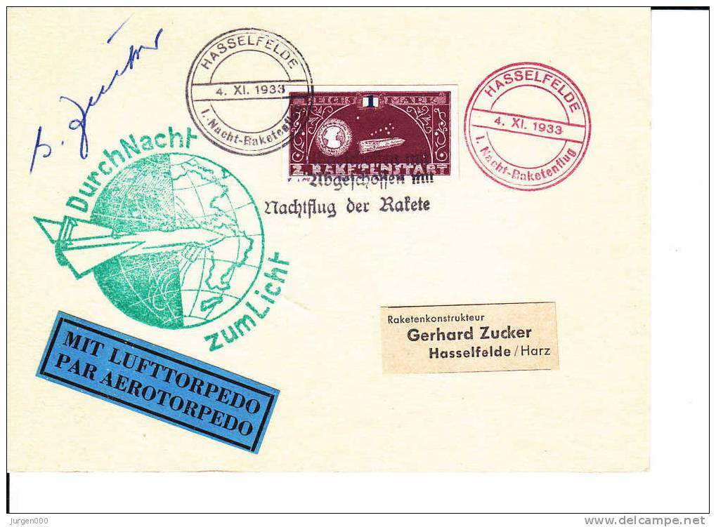 Rocketmail - Raketpost, Nacht Raketenstart Hasselfelde 1933, Zucker (X12825) - Sonstige (Luft)