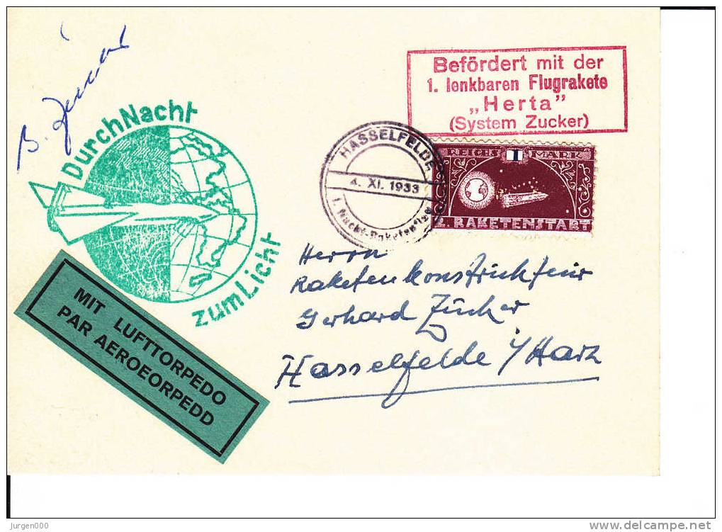 Rocketmail - Raketpost, Hasselfelde 1933, Zucker, Herta (X12850) - Sonstige (Luft)