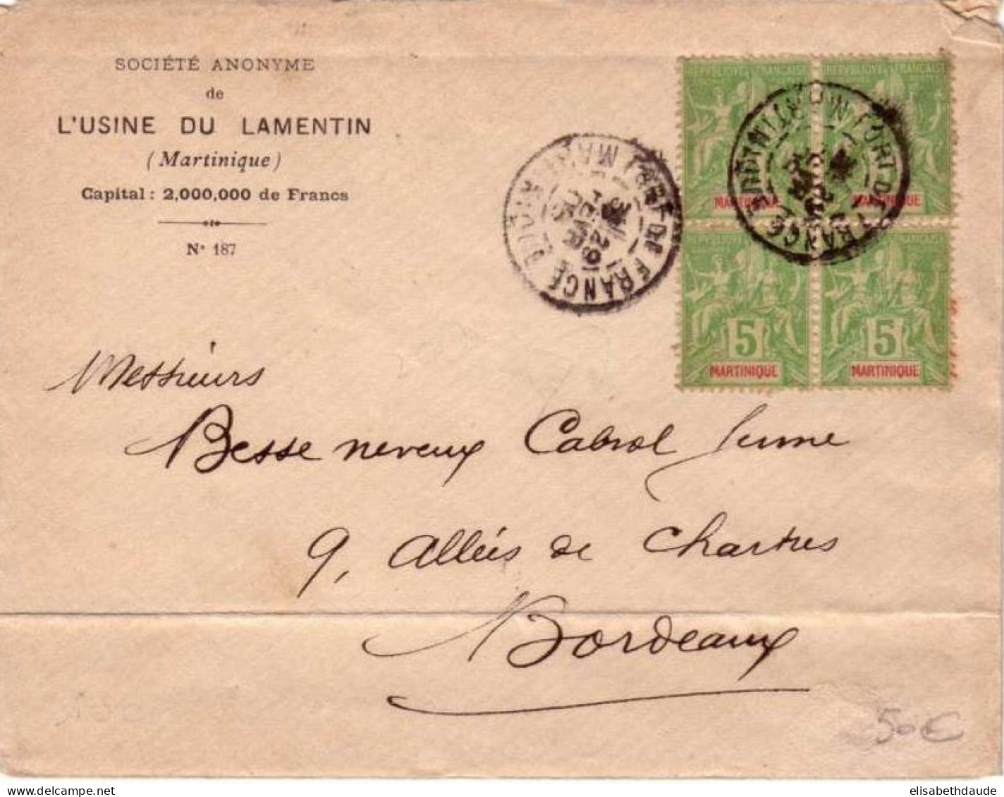 MARTINIQUE - 1908 - LETTRE De Fort De France Pour Bordeaux - 2 Paires - Type Groupe - Covers & Documents