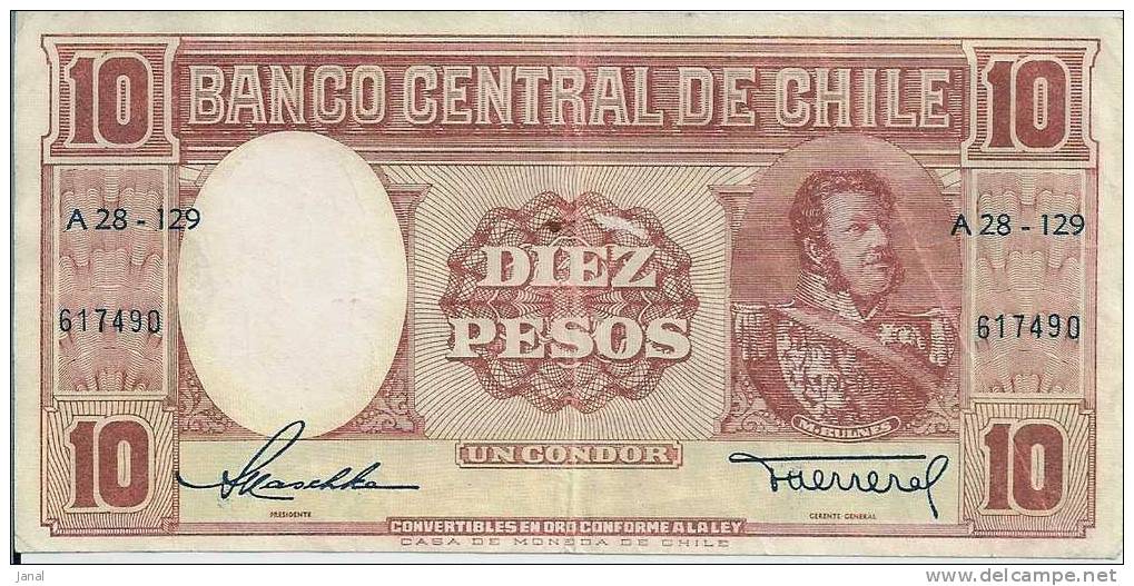 -  CHILI - BILLETS - 10  - DIEZ PESOS - N° A 28 - 129 - 617490 - - Chile