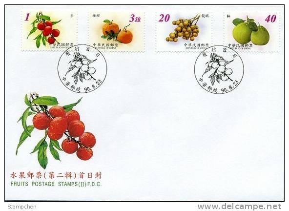 FDC Taiwan 2001 Fruit Stamps (B) Plum Tangerine Longan Pomelo Flora - FDC