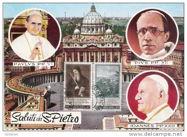 SALUTI DA S PIETRO (IMAGE 3 PAPES ET 2 TIMBRES DE LA POSTE VATICANE ) - Vatican