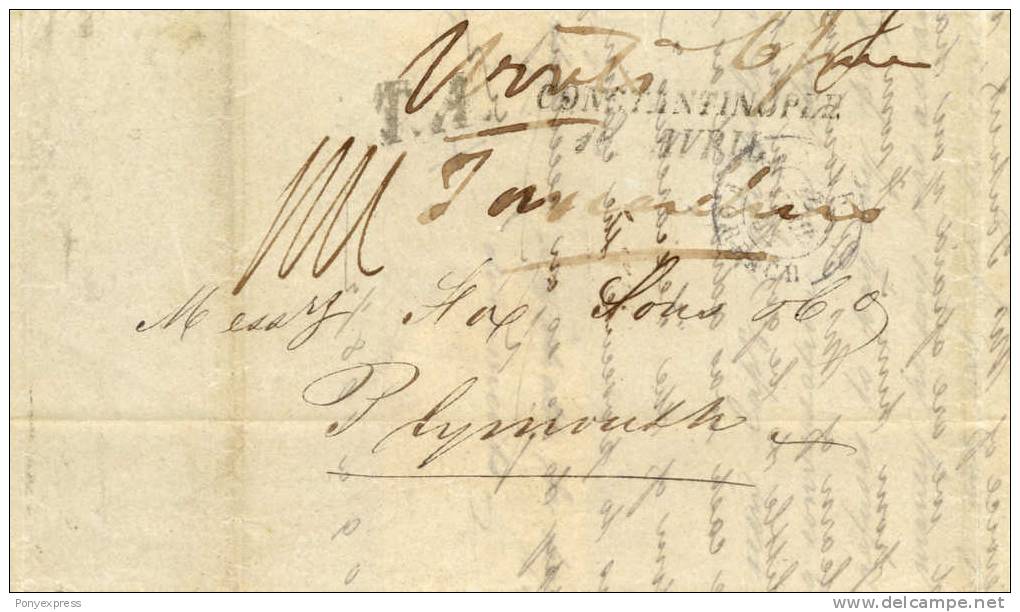 Bureau Autrichien Marque De Constantinople De 1844 Pour Plymouth, Lettre Purifiée En Sicile - Levante-Marken