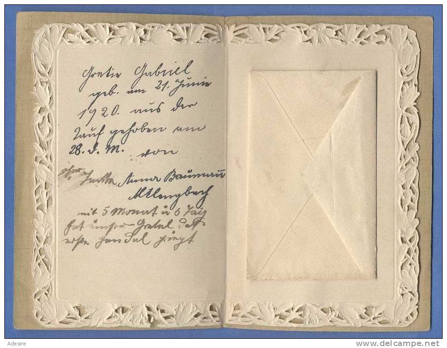 TAUFBRIEF 1920, Silberprägedruck, Im Inneren Spitzenrahmen Mit Kleinem Kuvert, Handschriftliche Widmung - Andachtsbilder