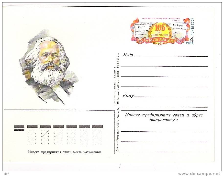 Russia/ URSS : Carte Entier KARL MARX, Centenaire De Sa Mort Et 165e Anniversaire De Sa Naissance ;1983; Neuf TB - Karl Marx