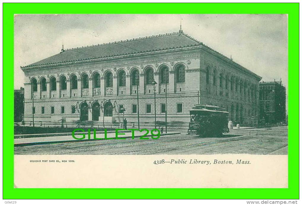 BOSTON, MA - PUBLIC LIBRARY - TRAMWAY - SOUVENIR POST CARD CO - UNDIVIDED BACK - - Boston