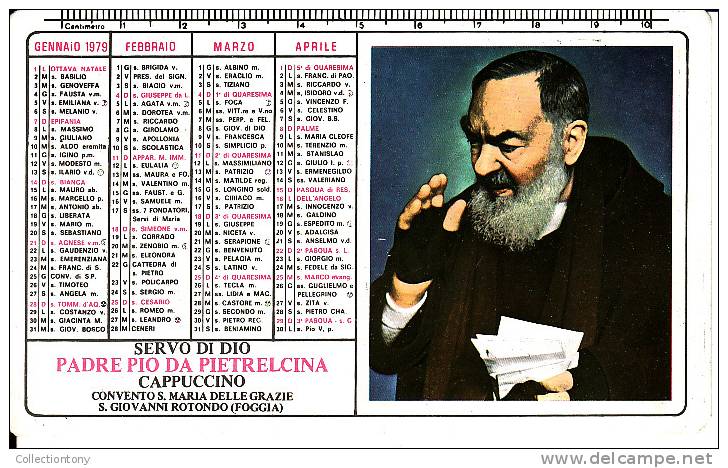 SANTINO - CALENDARIO 1979 - PADRE PIO DA PIETRALCINA ( IN PLASTICA) - Religión & Esoterismo