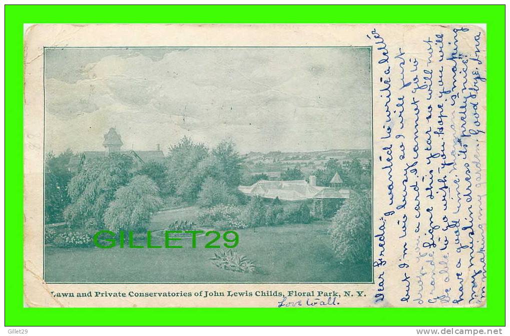 FLORAL PARK, NY -  LAWN AND PRIVATE CONSERVATORIES OF JOHN LEWIS CHILDS - UNDIVIDED BACK - TRAVEL IN 1907 - UNDIVIDED - - Central Park