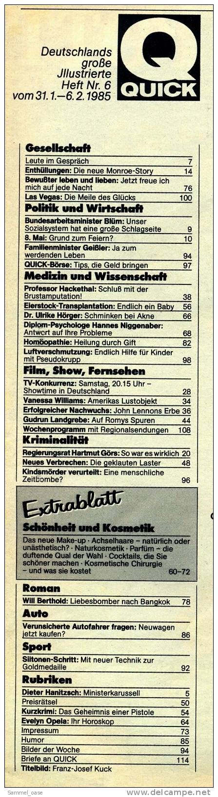 Quick Zeitschrift  -  31.1.1985  -  Mit  Rudi Carrell  Frank Elstner - Sonstige & Ohne Zuordnung