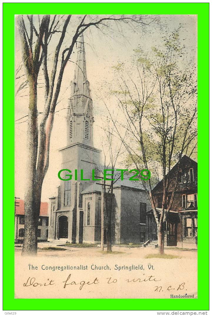 SPRINGFIELD, VT - THE CONGREGATIONALIST CHURCH - HANDCOLORED - TRAVEL IN 1907 - INDEPENDENT PHOTO CARD CO - - Andere & Zonder Classificatie