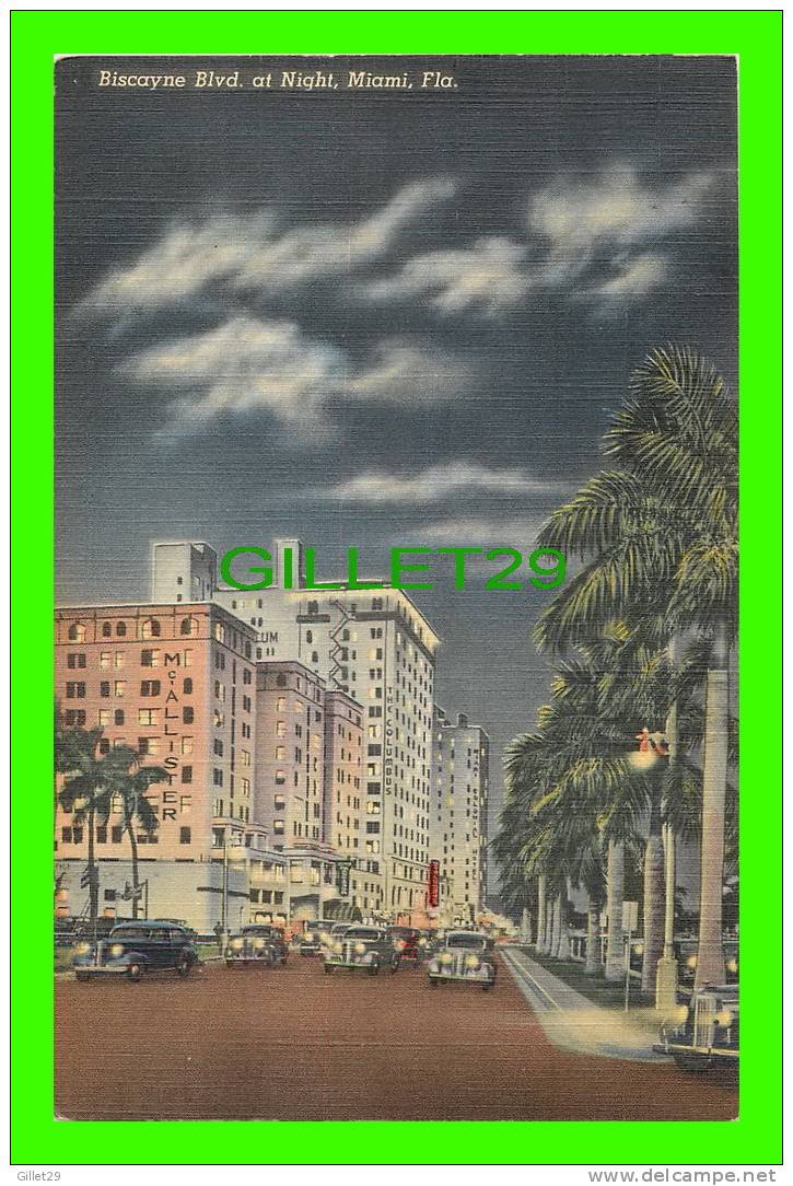 MIAMI, FL - BISCAYNE BLVD AT NIGHT - ANIMATED OLD CARS - DADE COUNTY NEWS DEALER - - Miami