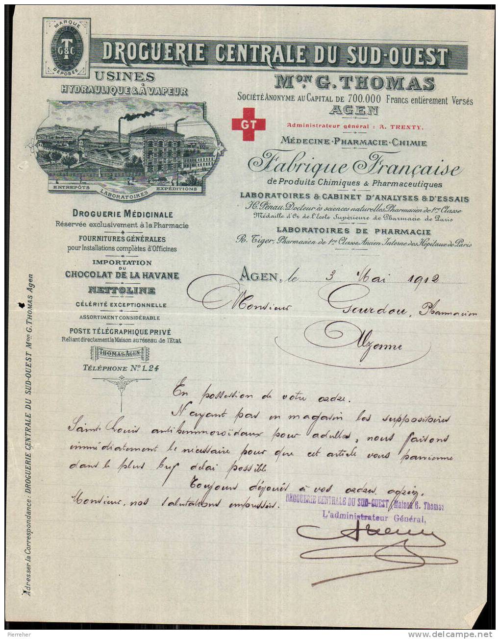 MAISON G.THOMAS,  DROGUERIE CENTRALE DU SUD OUEST A AGEN / FACTURE-CORRESPONDANCE DATEE 1912 - Drogisterij & Parfum