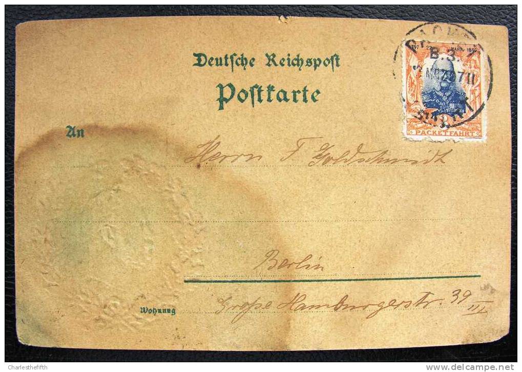 RARE !! CPA  ** PACKET FAHRT ( Steamer ) * SUR TIMBRE POSTE PRIVEE ALLEMANDE (1896) - Erinnerungs-Gruss WILHELM I - 1897 - Barcos